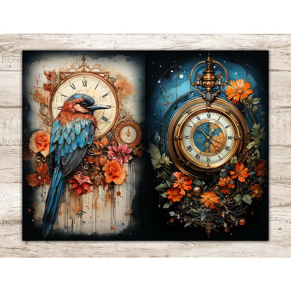 Watercolor old vintage clock and flowers. On the left is a blue bird with an orange neck and head against a background of a beige clock with Roman numerals on t