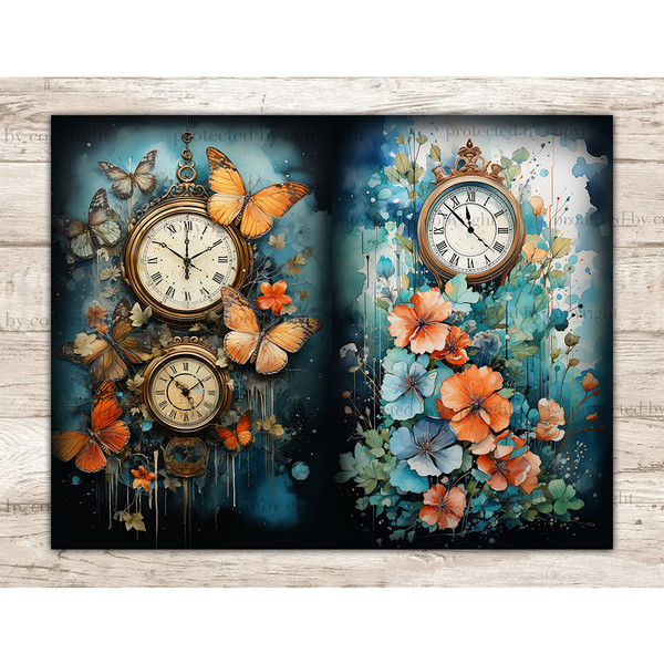 Watercolor old vintage gold clock and flowers. On the left is a watch with Roman numerals on the dial and orange and beige butterflies. On the right is an antiq