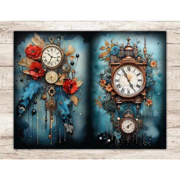 Watercolor old vintage gold clock and flowers. On the left is a clock with Roman numerals on the dial and red flowers with beige foliage and two blue feathers.