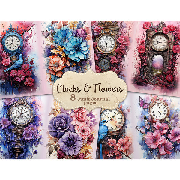 Watercolor Antique Vintage Clock and Flowers Junk Journal Pages. Flowers are blue, purple, pink and red. Hours of gold, bronze, blue colors. with Roman numerals