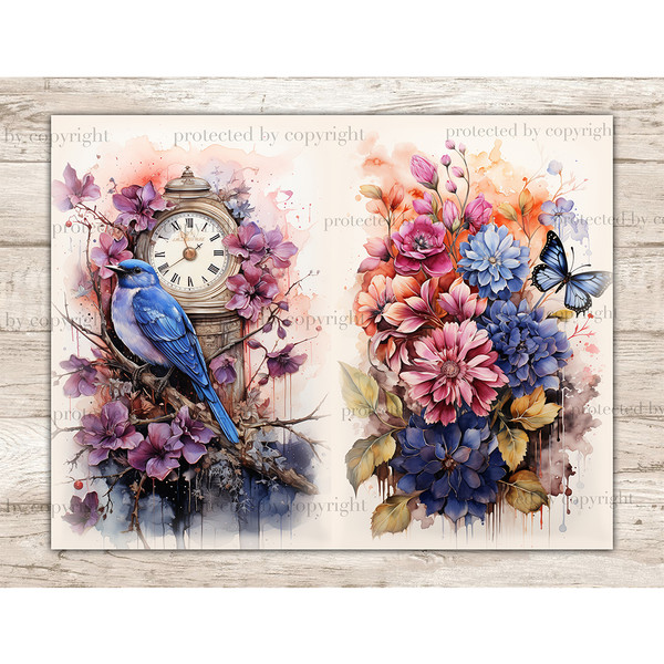 Watercolor Antique Vintage Clock and Flowers Junk Journal Pages. On the left is a blue bird with purple flowers and a beige watch with Roman numerals on the dia
