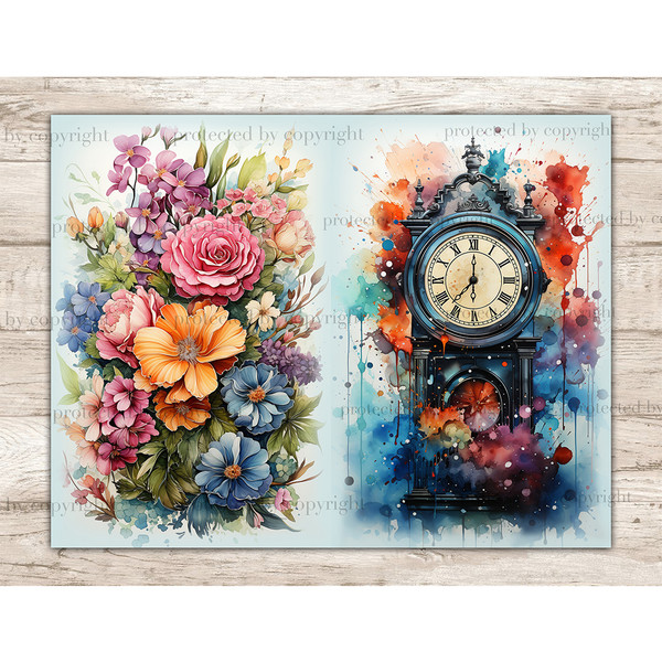 Watercolor old vintage clock and flowers. On the left is a bouquet of pink roses, orange, purple and blue flowers with greenery. On the right, a blue vintage wa