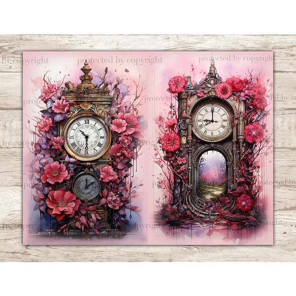 Antique vintage old clock with roman numerals on the dial in pink and purple colors. On the right is an old clock in the form of a Gothic building with an arch