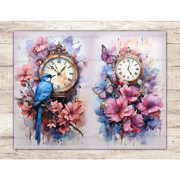Antique vintage old clock with Roman numerals on the dial with pink and purple flowers with a blue bird on a branch. On the right is a vintage clock shaped in p