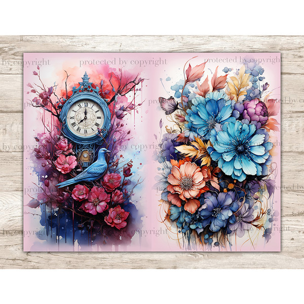 Antique vintage old blue clock with Roman numerals on the dial with pink and purple flowers with a blue bird on a branch. On the right, flowers are blue, orange