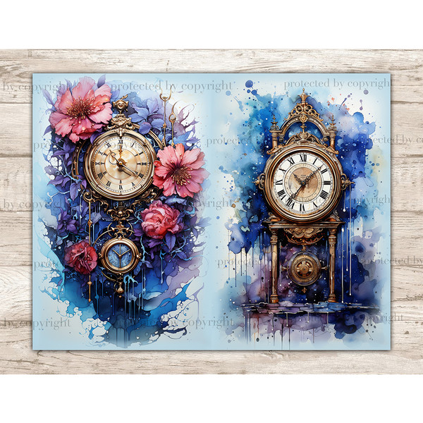 Antique vintage old gold clock with roman numerals on the dial with pink and blue flowers On the right, an old vintage gold watch on a background of blue waterc