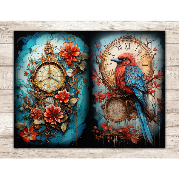 On the left is a gold watch with Roman numerals on the dial against a background of orange and red flowers. On the right, a blue-red bird and red flowers agains