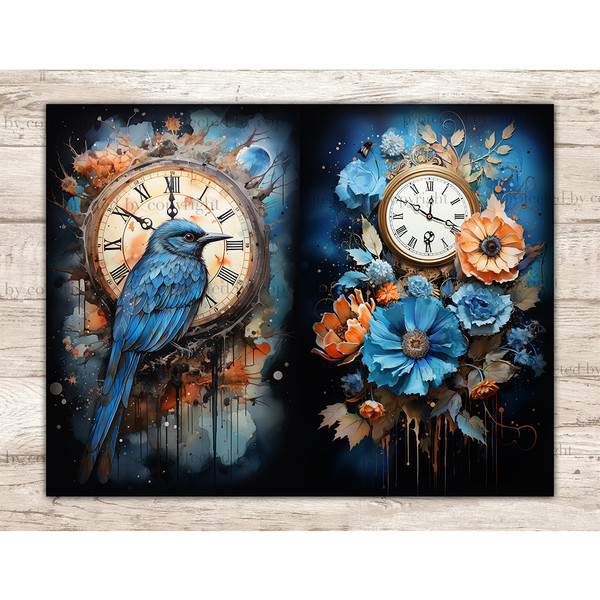 On the left, a blue bird against the background of an old clock with Roman numerals on the dial. On the right is a golden old vintage clock with blue and orange