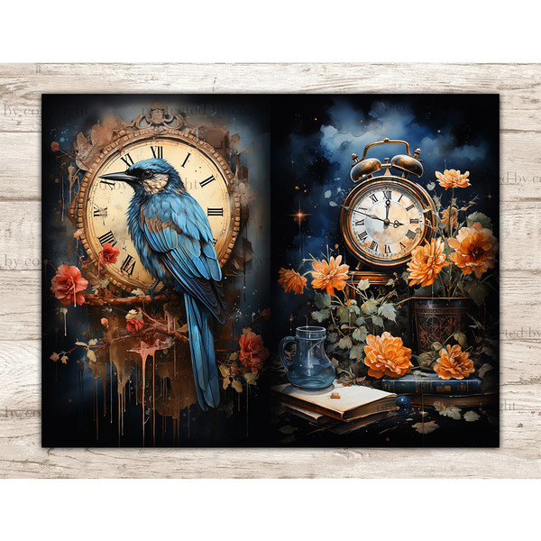 On the left, a blue bird and red flowers against the backdrop of an antique clock with Roman numerals on the dial. To the right is a golden antique alarm clock