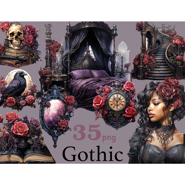 Watercolor gothic clipart set. Black beautiful brunette girl in Victorian dress and roses in her hair. Human skull on a stack of books, the skull is surrounded