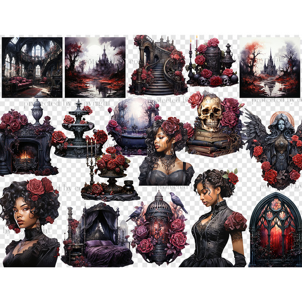 Watercolor gothic clipart set. Black beautiful brunette girls in Victorian dresses. Gothic medieval castles, indoor gothic castle interior with high ceilings an