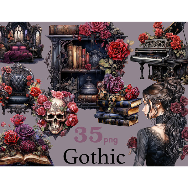 Watercolor gothic clipart set. A girl with brown hair in a Victorian dress. Human skull surrounded by roses. Halloween bouquet of roses lies on an open book. Go