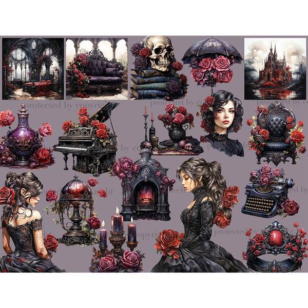 Watercolor gothic clipart set. Beautiful brunette and girl with brown hair wearing gothic Victorian dresses with roses in their hands and hair. Gothic castle ou
