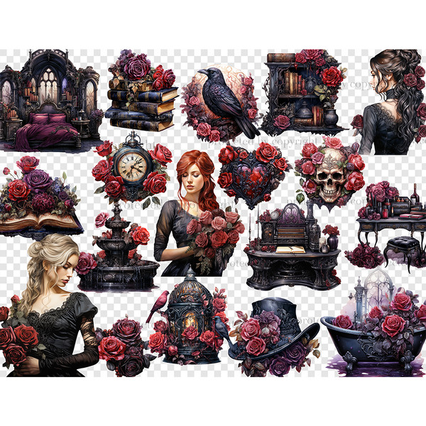 Watercolor gothic clipart set. Fashionable blonde, redhead and brunette in gothic Victorian dresses with roses in their hands. Bookcase and stack of books with