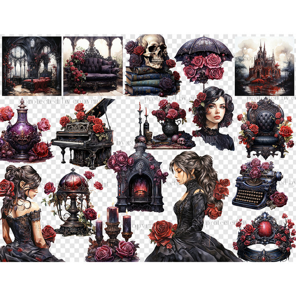 Watercolor gothic clipart set. Beautiful brunette and girl with brown hair wearing gothic Victorian dresses with roses in their hands and hair. Gothic castle ou