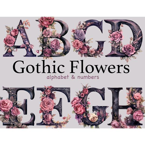 Watercolor gothic mysterious alphabet letters. Elegant font for Halloween letters A, B, C, D, E, F, G, H. Floral alphabet with roses for weddings. Monogram font