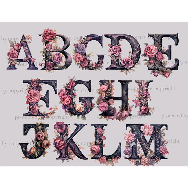 Watercolor gothic mysterious alphabet letters. Elegant font for Halloween letters A, B, C, D, E, F, G, H, I, J, K, L, M. Floral alphabet with roses for weddings