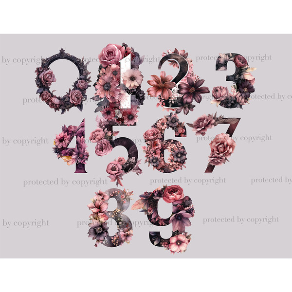 Watercolor gothic mysterious alphabet letters. Elegant font for Halloween numbers 0, 1, 2, 3, 4, 5, 6, 7, 8, 9. Floral alphabet with roses for weddings. Monogra