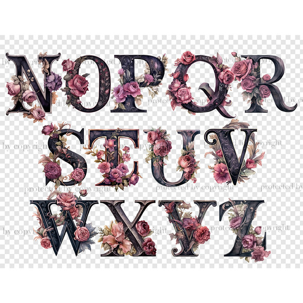 Watercolor gothic mysterious alphabet letters. Elegant font for Halloween letters N, O, P, Q, R, S, T, U, V, W, X, Y, Z. Floral alphabet with roses for weddings