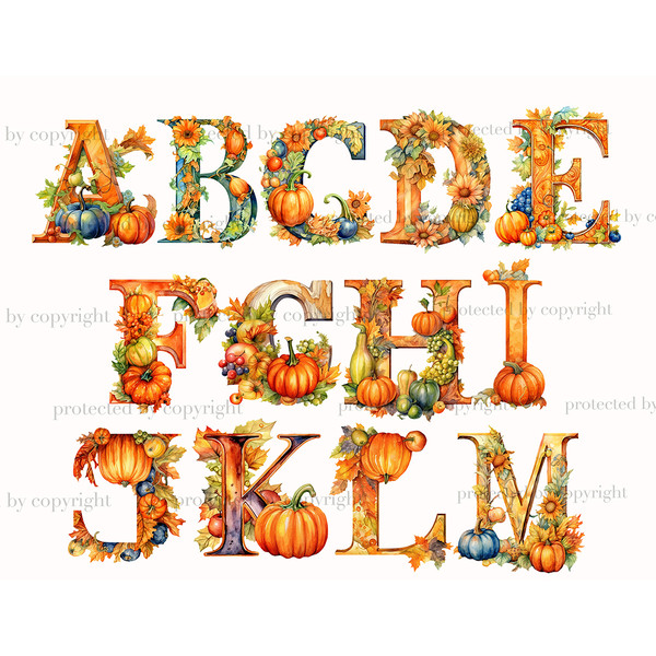Watercolor pumpkin alphabet letters and numbers. Elegant font for Halloween letters A, B, C, D, E, F, G, H, I, J, K, L, M. Floral alphabet with autumn leaves, p