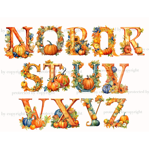 Watercolor pumpkin alphabet letters and numbers. Elegant font for Halloween letters N, O, P, Q, R, S, T, U, V, W, X, Y, Z. Floral alphabet with autumn leaves, p
