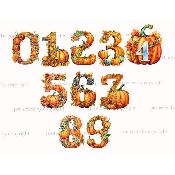 Watercolor pumpkin alphabet letters and numbers. Elegant font for halloween numbers 0, 1, 2, 3, 4, 5, 6, 7, 8, 9. Floral alphabet with autumn leaves, pumpkins a