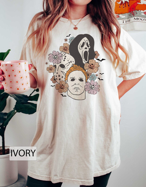 Vintage Floral Horror Movie Characters Comfort Colors Tee, Halloween Party Shirt Women, Scary Movies, Halloween Movies, 90s Movie fan Gifts - 1.jpg