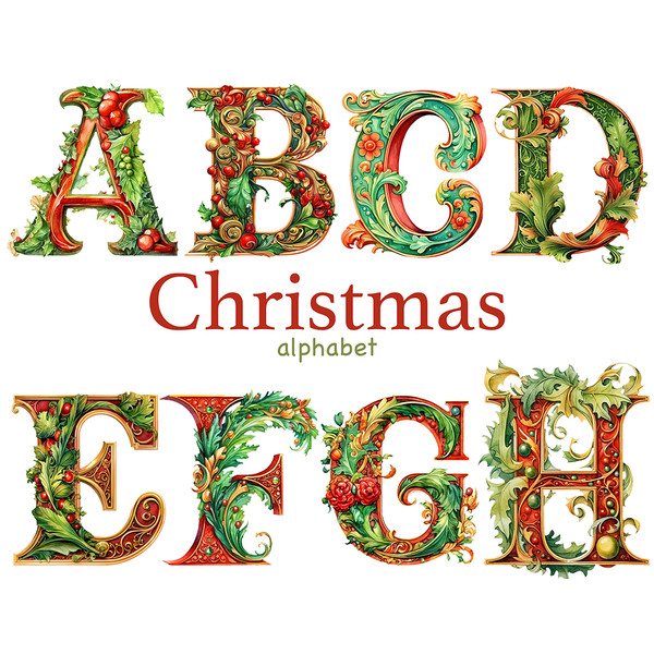 Watercolor Christmas alphabet letters and numbers. Elegant floral font for Xmas letters A, B, C, D, E, F, G, H. Winter alphabet with leaves and holly berries. R
