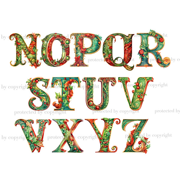 Watercolor Christmas alphabet letters and numbers. Elegant floral font for Xmas letters N, O, P, Q, R, S, T, U, V, W, X, Y, Z.. Winter alphabet with leaves and