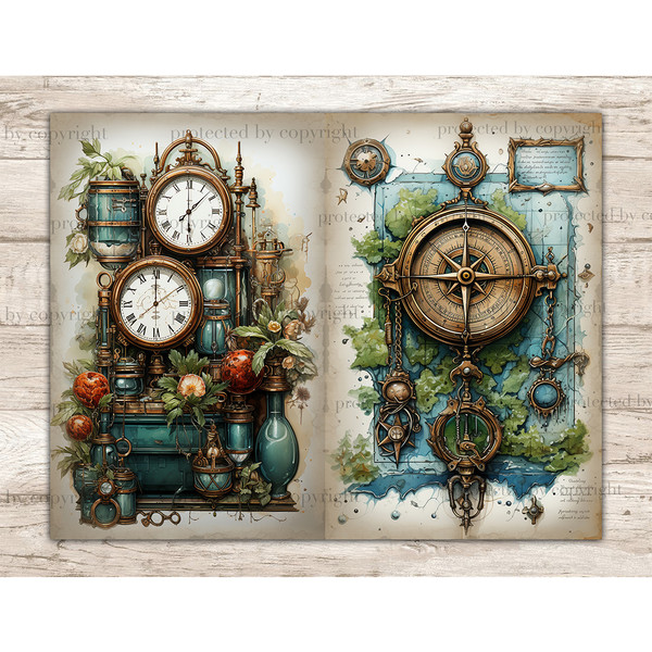 Antique vintage retro clock among apothecary's bottles, peonies and green foliage. Vintage clock compass on the background of vintage old paper