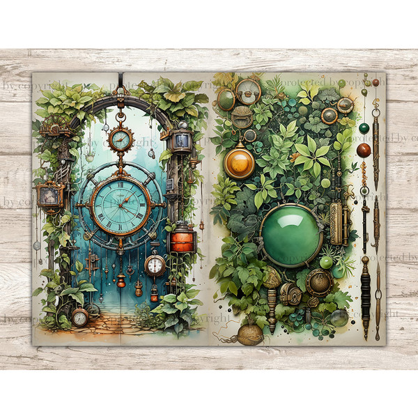 Antique clock in the form of a ship's wheel in a floral arch decorated with green foliage. Magnifiers and other accessories of the alchemist and apothecary amon