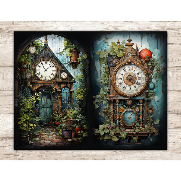 Outdoor view of an old building with a vintage clock above the entrance, an old door and plants in front of the entrance. Antique vintage clock decorated with i