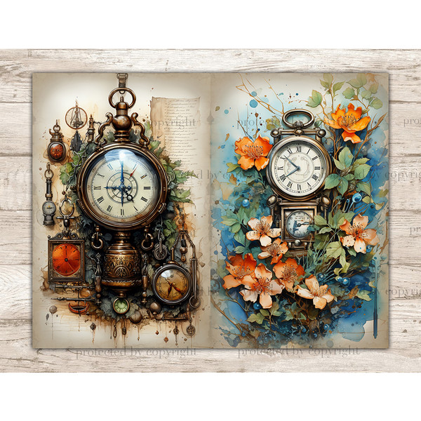 Retro vintage clock decorated with foliage on a vintage paper background. Vintage clock among orange flowers and green foliage