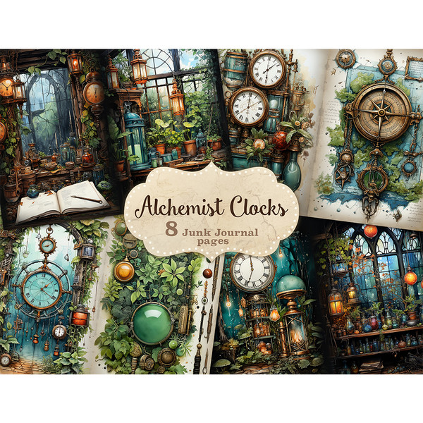 Watercolor clock of the alchemist and apothecary Junk Journal Pages. The interiors of the alchemist's shop and the pharmacist's shop with bottles of potions. Vi