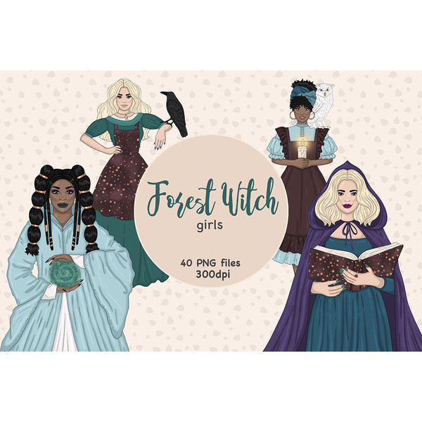Two white-skinned long-haired witch girls in medieval dresses. Two African American brunette witch girls in medieval dresses. Spell book in hand. Magic ball in