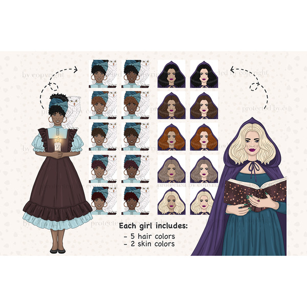 African American brunette girl in a brown dress with a snowy owl on her shoulder. A white blonde witch in a blue cloak, a green dress and with a book of spells