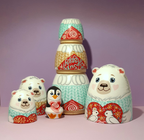 A cute matryoshka doll in the shape of bears and a cute penguin  (14).jpg