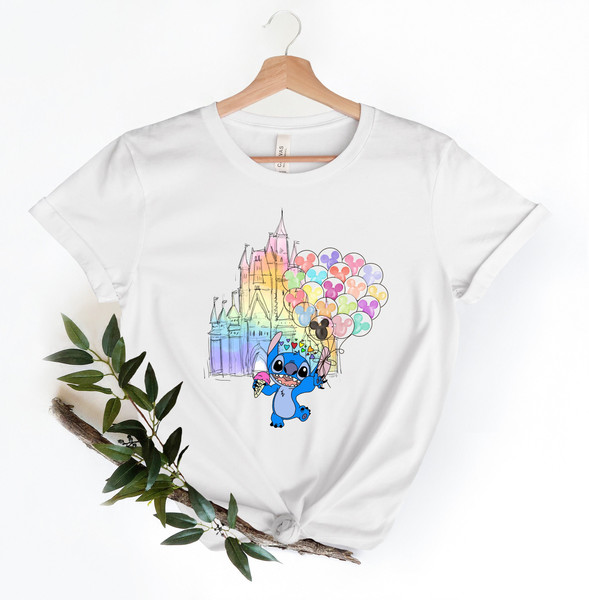 Disney Stitch Watercolor Castle Shirt, Disney Stitch Balloon Shirt, Family Vacation Shirt, Balloons, Disney Trip Shirt, Cute Stitch Shirt - 1.jpg