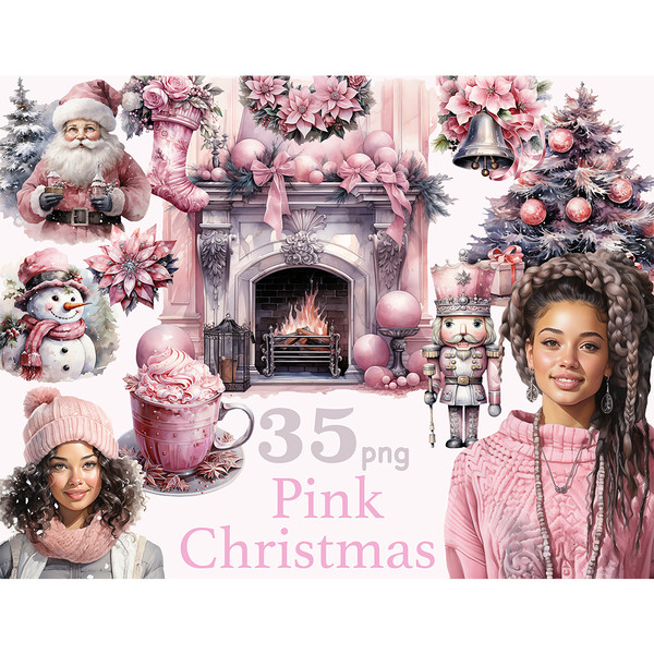 Watercolor pink christmas clipart set with black girls. Pink Santa Claus. Black girl in a pink Xmas sweater. Black girl in a pink hat and scarf. Pink snowman, C