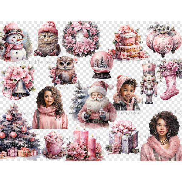 Pink Christmas Santa Claus, wreath, pink Christmas sock with pink roses and foliage, pink Snow globe, black girls in pink clothes and a little black boy in a pi