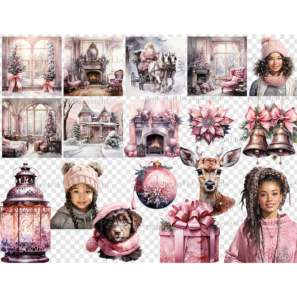 Pink Christmas scene. Interiors of cozy Christmas living rooms with a fireplace, armchairs and Christmas trees. Christmas Carriage Ride of Santa Claus in Cart w