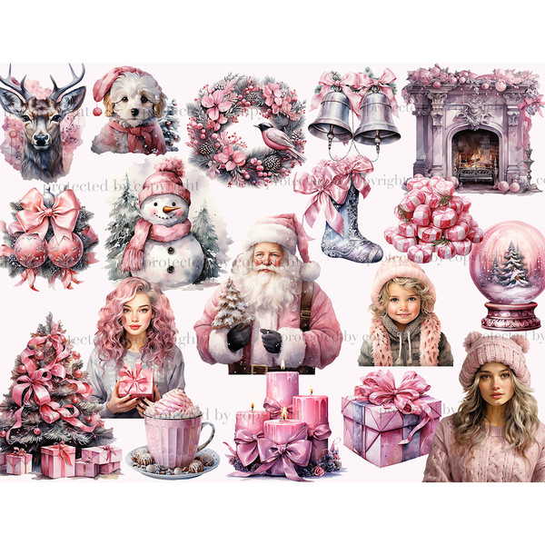 Pink Christmas Santa Claus, fireplace, wreath, silver sock with pink bows, white and pink caramel candies, pink snowman, pink candles, pink mug with cocoa and p