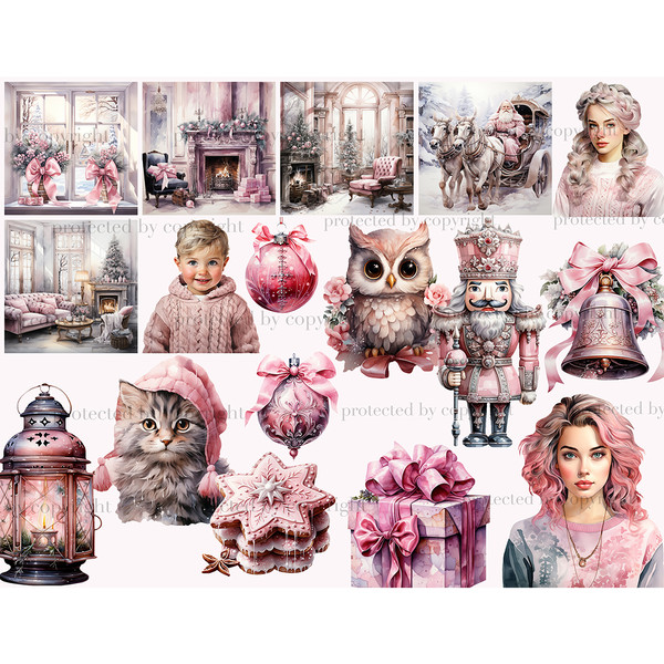 Pink Christmas scenes of cozy rooms with a fireplace, a window decorated with bows, armchairs and Christmas trees. Little boy in a warm sweater. Pink nutcracker