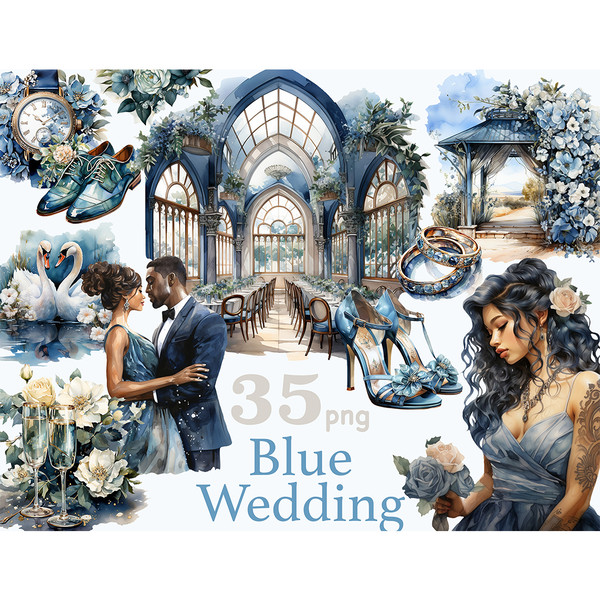 Watercolor black wedding couple in blue wedding suit and wedding. Wedding venues with blue decorations. Black bride in a blue dress with roses. Blue wedding rin