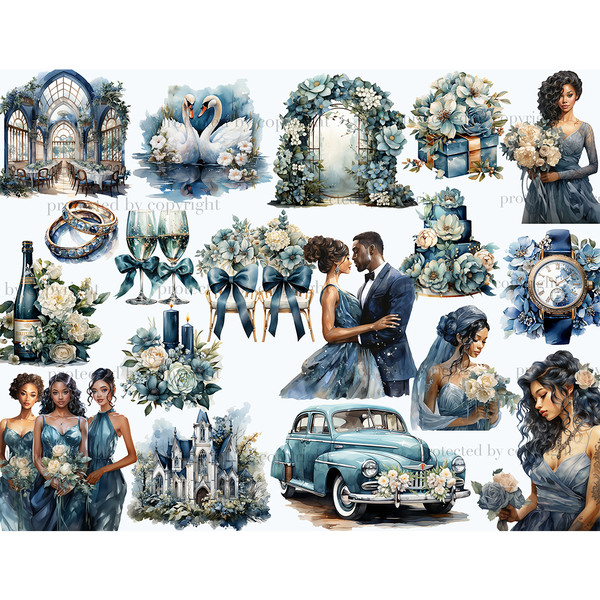 Watercolor black wedding couple in blue clothes stand in an embrace. African American Bridesmaids in blue dresses holding flowers. Black brides in blue dresses.