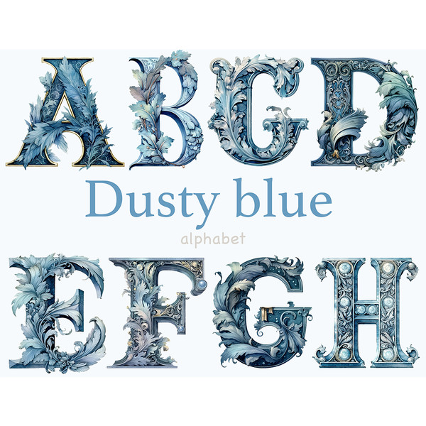 Watercolor blue dusty blue letters of the alphabet. Elegant font for wedding letters A, B, C, D, E, F, G, H. Floral alphabet with blue foliage for weddings. Mon