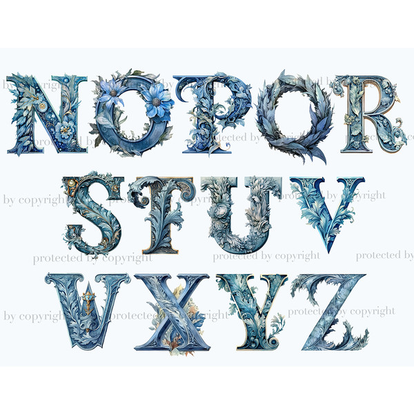 Watercolor blue dusty blue letters of the alphabet. Elegant font for wedding letters N, O, P, Q, R, S, T, U, V, W, X, Y, Z. Floral alphabet with blue foliage fo