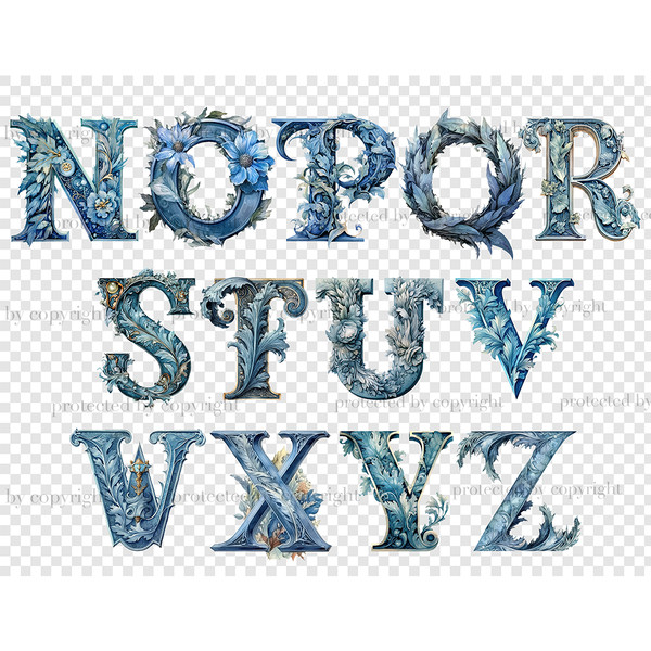Watercolor blue dusty blue letters of the alphabet. Elegant font for wedding letters N, O, P, Q, R, S, T, U, V, W, X, Y, Z. Floral alphabet with blue foliage fo