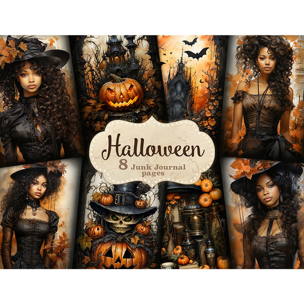 Dark Watercolor Vintage Halloween Junk Journal Pages with Black African American Girls. Gothic digital papers with girls in Victorian dresses. Gothic Jack O Lan