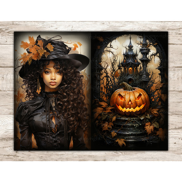 Black African American girl with brown hair wearing a Victorian dress and hat with orange leaves. A huge pumpkin-head of Jack O Lantern with glowing eyes and mo